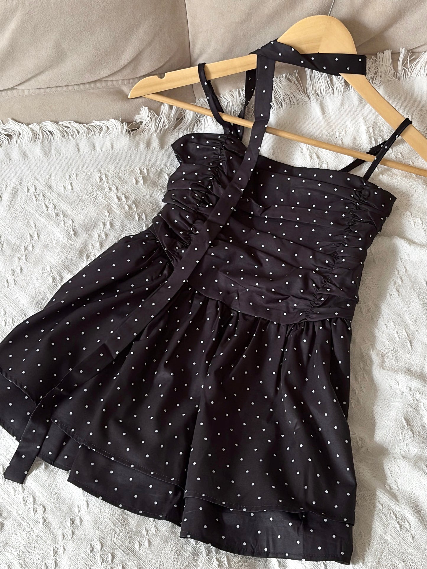 BLACK POLKA DOT RUFFLE CAMI TOP