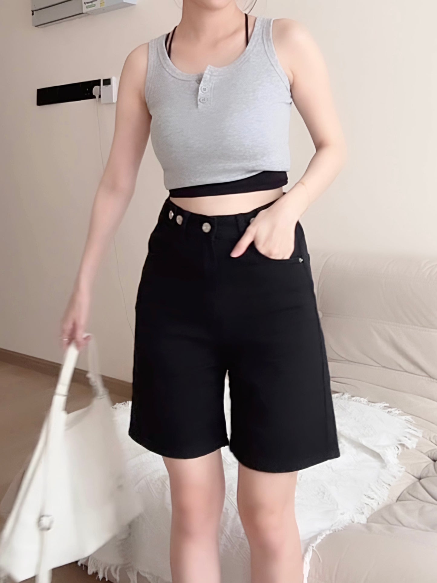 CASUAL BLACK DENIM SHORTS- PETITEGIRLS 小个子定制款