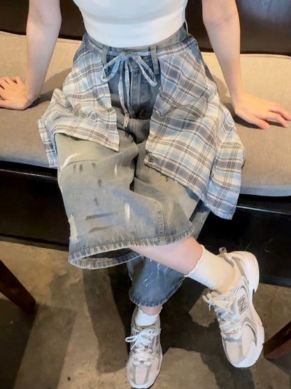 PLAID WRAP DENIM SHORTS - PETITEGIRLS 小个子定制款