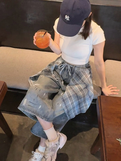 PLAID WRAP DENIM SHORTS - PETITEGIRLS 小个子定制款