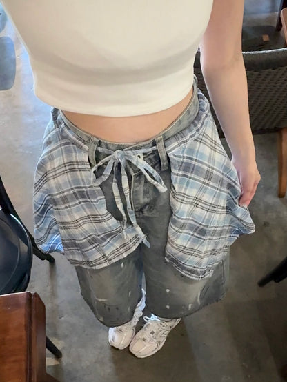 PLAID WRAP DENIM SHORTS - PETITEGIRLS 小个子定制款