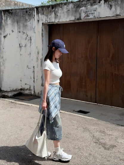 PLAID WRAP DENIM SHORTS - PETITEGIRLS 小个子定制款