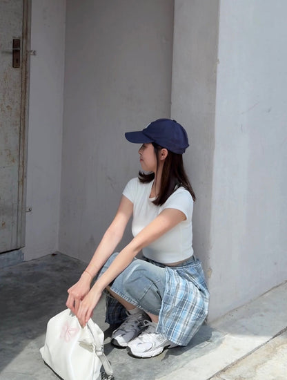 PLAID WRAP DENIM SHORTS - PETITEGIRLS 小个子定制款