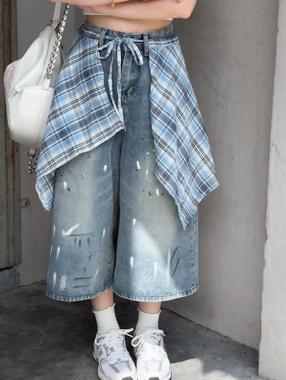 PLAID WRAP DENIM SHORTS - PETITEGIRLS 小个子定制款