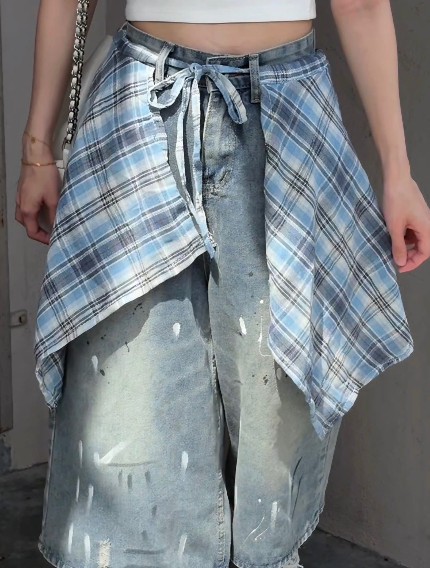 PLAID WRAP DENIM SHORTS - PETITEGIRLS 小个子定制款