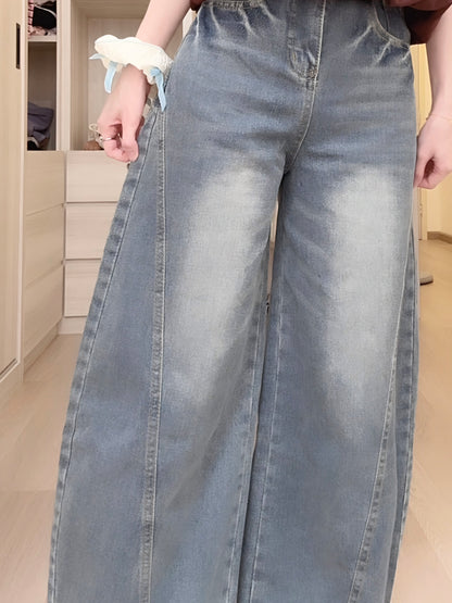 CURVE-CUT TAPERED BLUE JEANS - PETITEGIRLS 小个子定制款