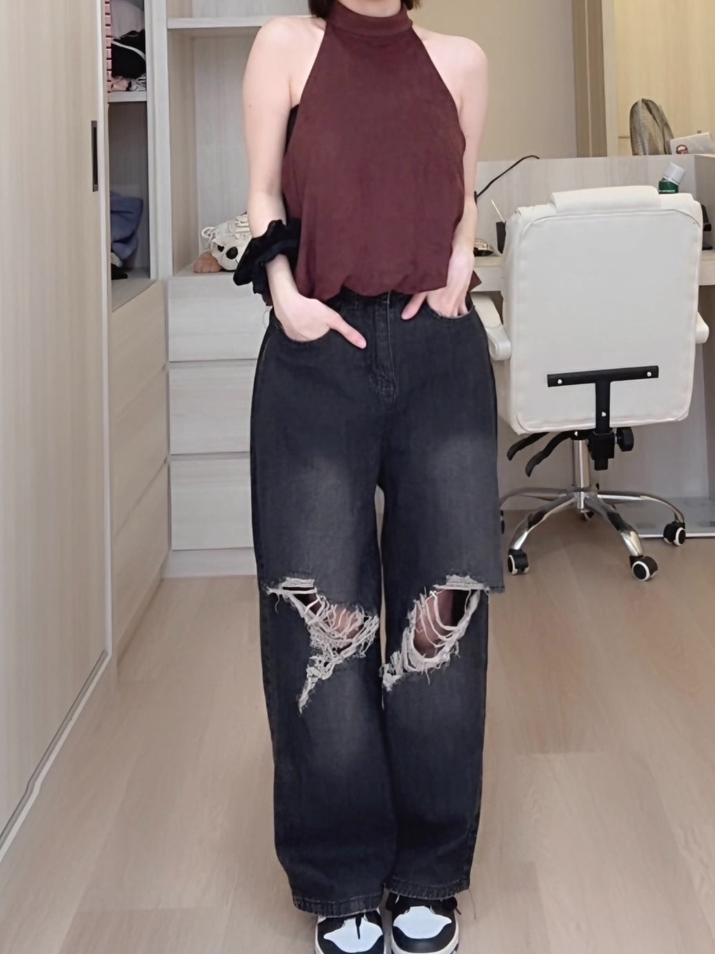 BLACK RIPPED WIDE-LEG JEANS- PETITEGIRLS 小个子定制款