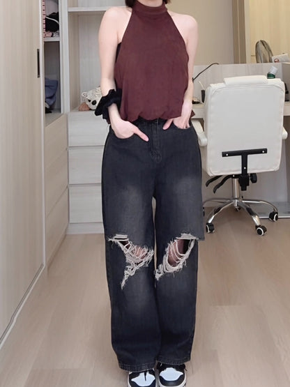 BLACK RIPPED WIDE-LEG JEANS- PETITEGIRLS 小个子定制款