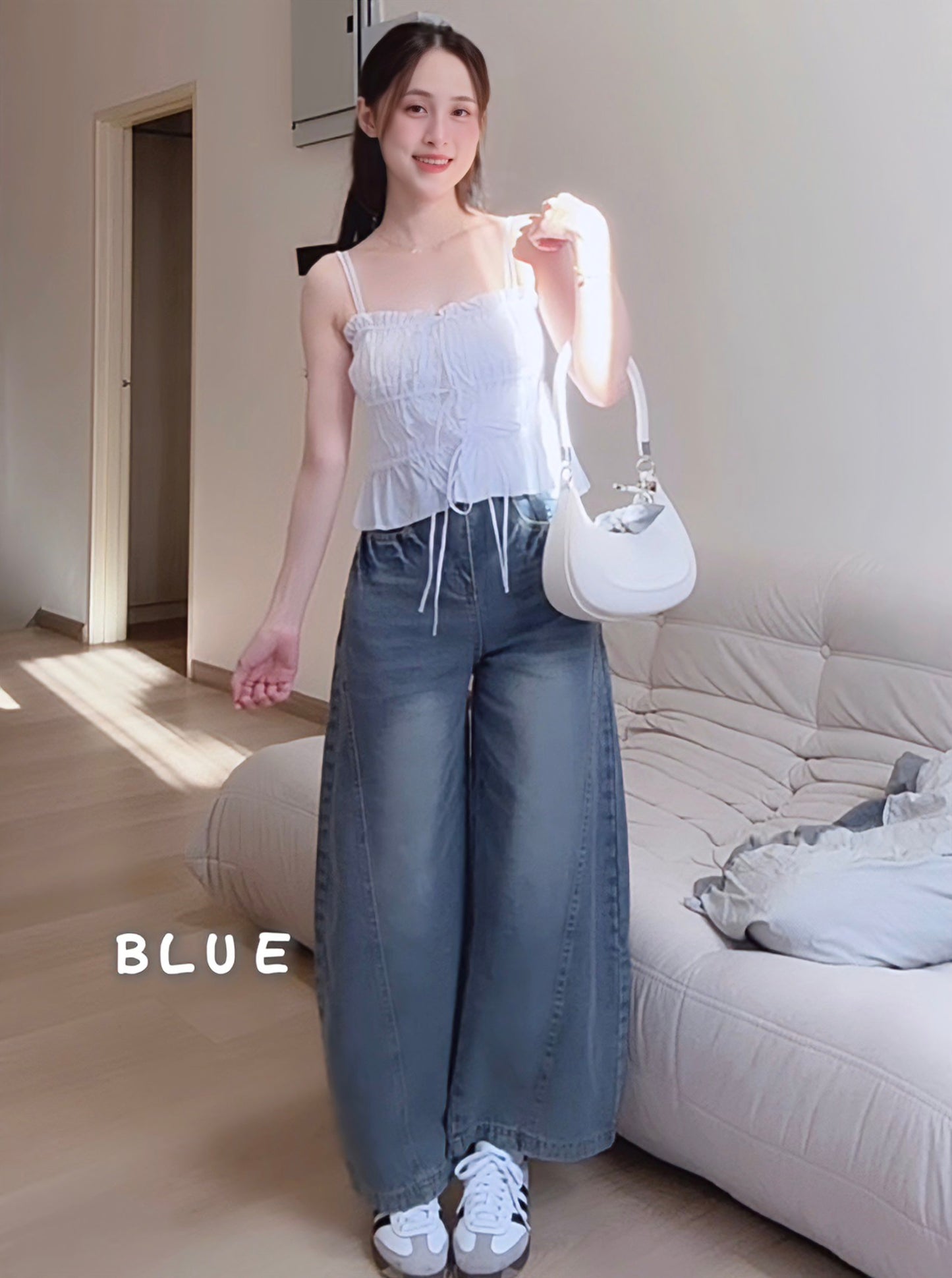 CURVE-CUT TAPERED BLUE JEANS - PETITEGIRLS 小个子定制款