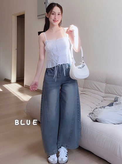 CURVE-CUT TAPERED BLUE JEANS - PETITEGIRLS 小个子定制款