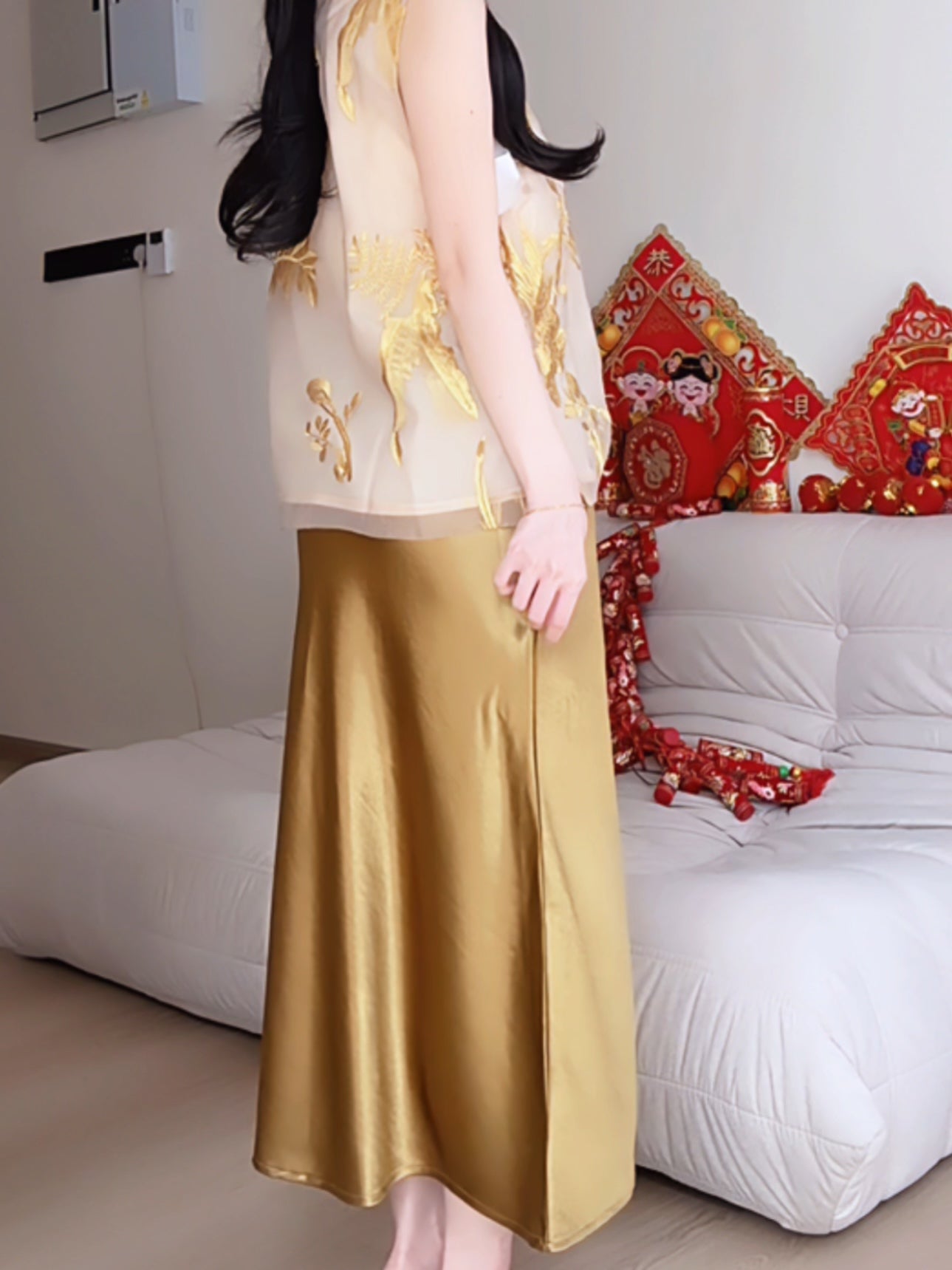 GOLDEN SATIN MAXI SKIRT - PETITEGIRLS 小个子定制款