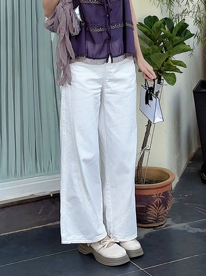 WHITE WIDE-LEG JEANS WITH CONTOUR SEAMS - PETITEGIRLS 小个子定制款