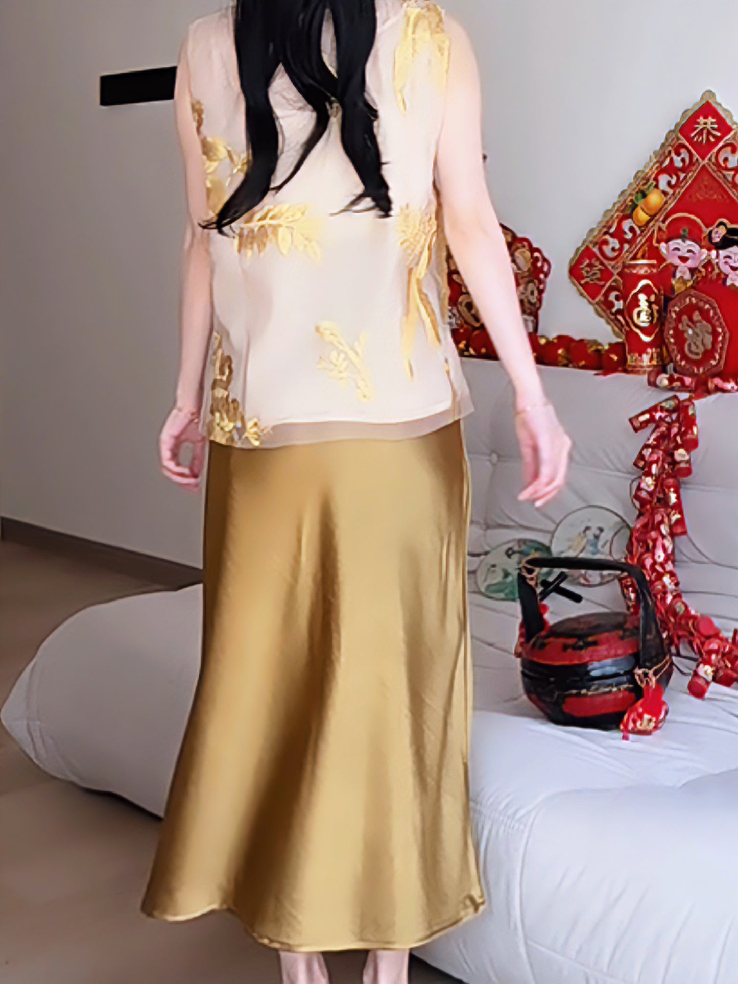 GOLDEN SATIN MAXI SKIRT - PETITEGIRLS 小个子定制款