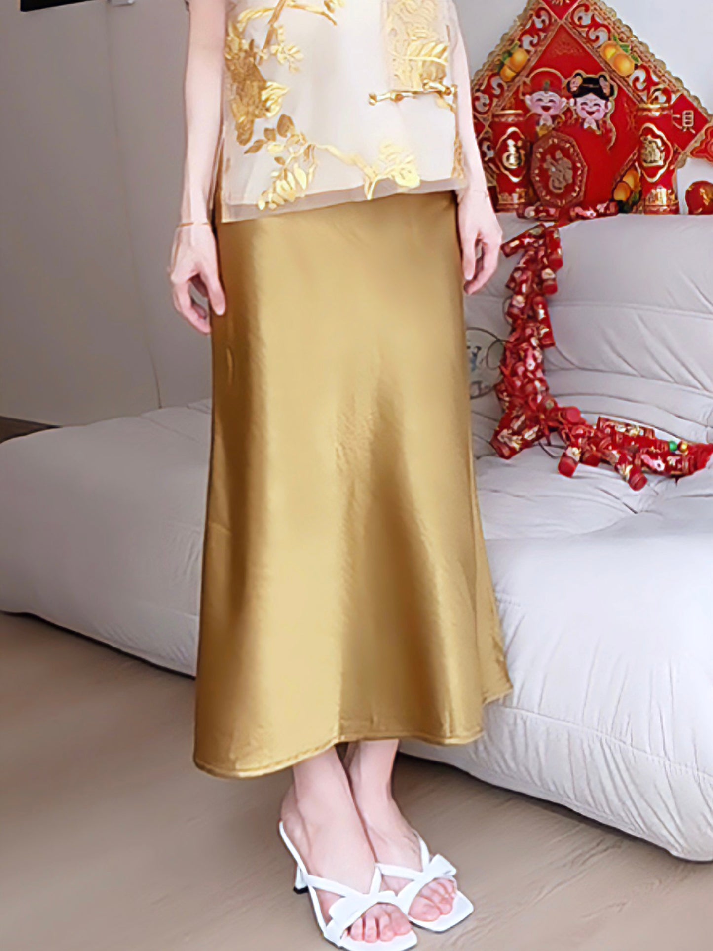GOLDEN SATIN MAXI SKIRT - PETITEGIRLS 小个子定制款