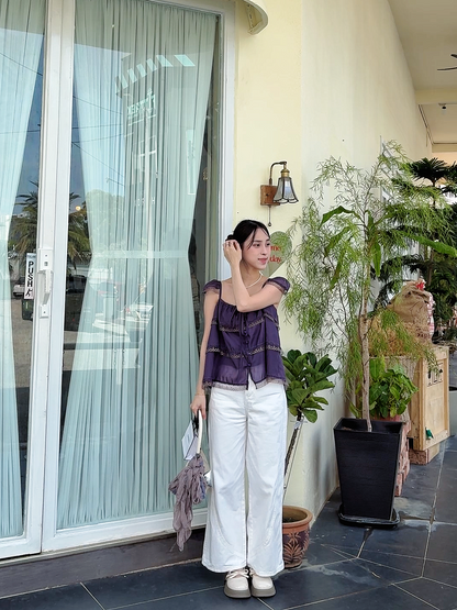 WHITE WIDE-LEG JEANS WITH CONTOUR SEAMS - PETITEGIRLS 小个子定制款