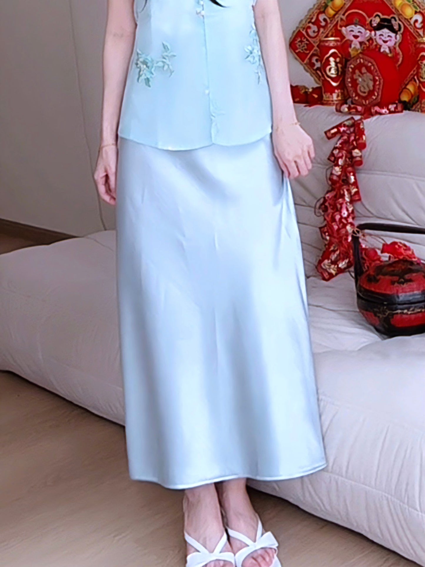 BLUE SATIN MAXI SKIRT - PETITEGIRLS 小个子定制款