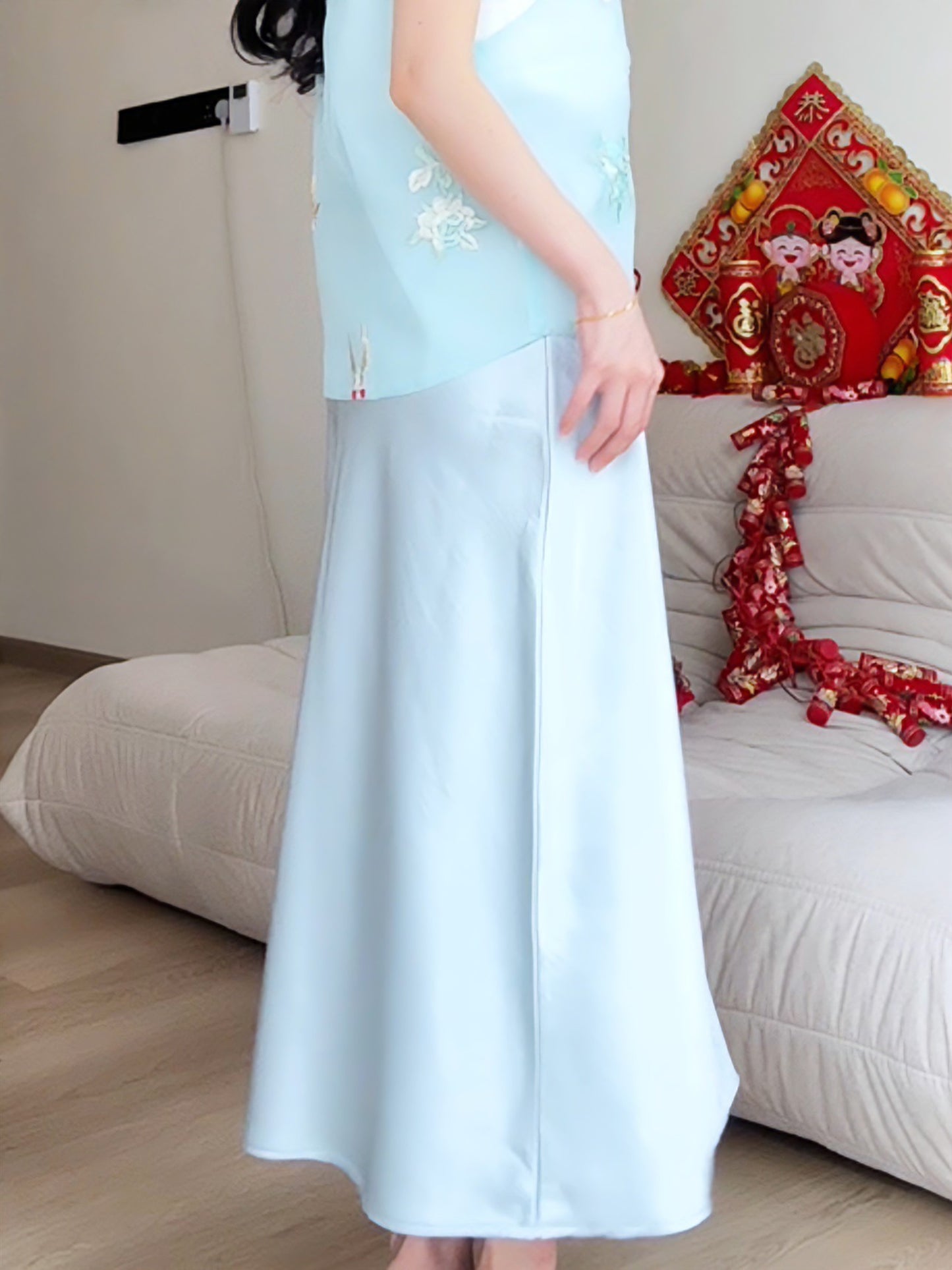 BLUE SATIN MAXI SKIRT - PETITEGIRLS 小个子定制款