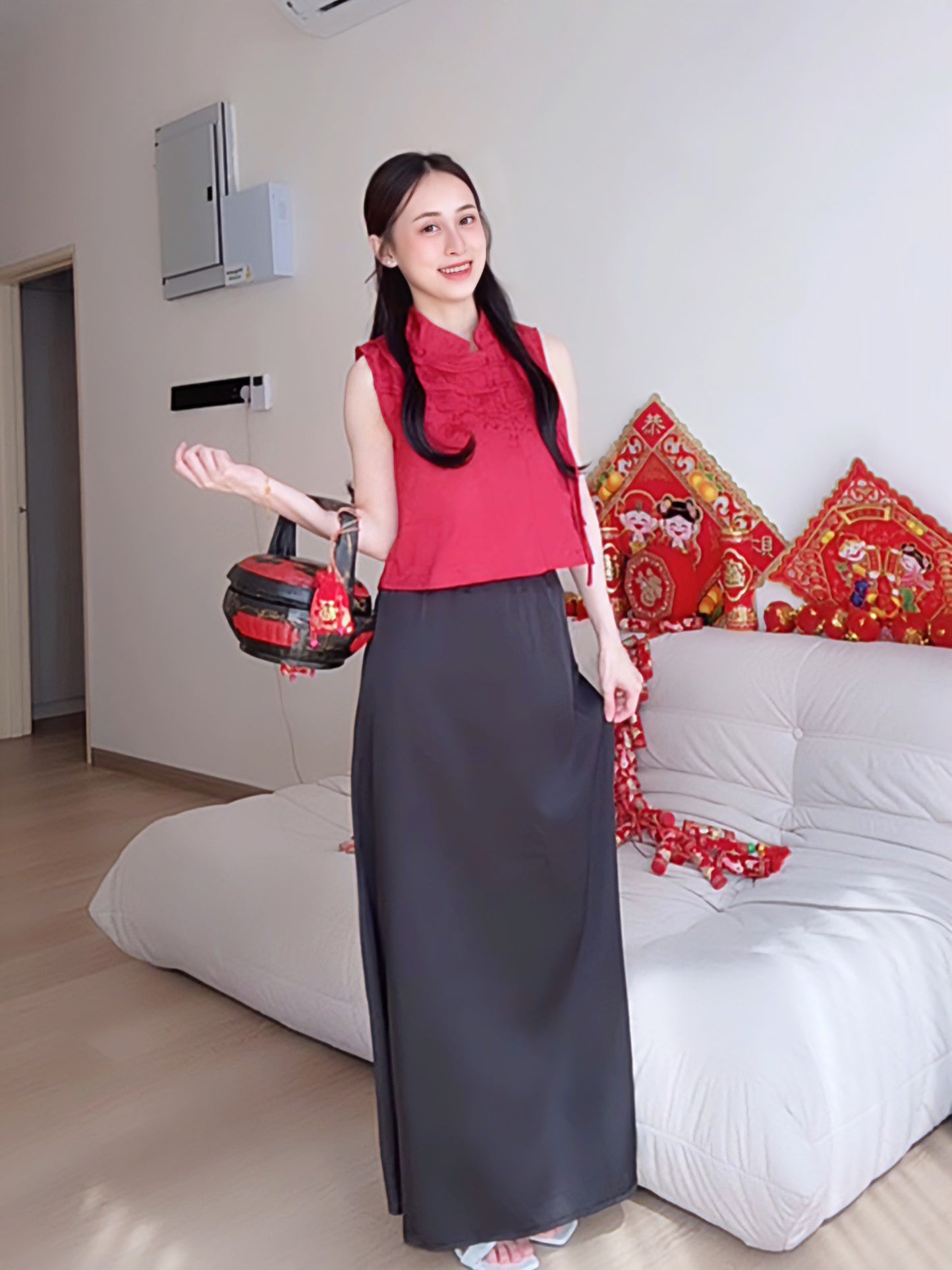 BLACK SATIN MAXI SKIRT - PETITEGIRLS 小个子定制款