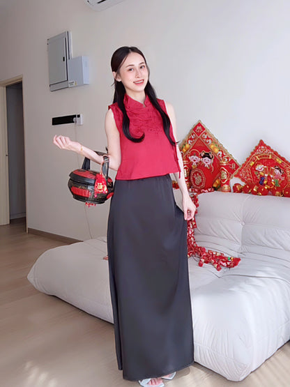 BLACK SATIN MAXI SKIRT - PETITEGIRLS 小个子定制款