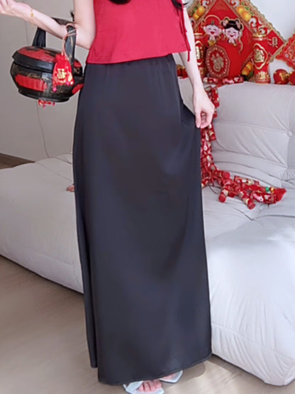 BLACK SATIN MAXI SKIRT - PETITEGIRLS 小个子定制款