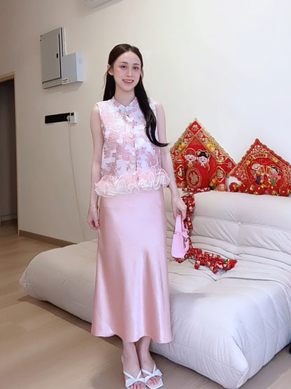 PINK SATIN MAXI SKIRT - PETITEGIRLS 小个子定制款