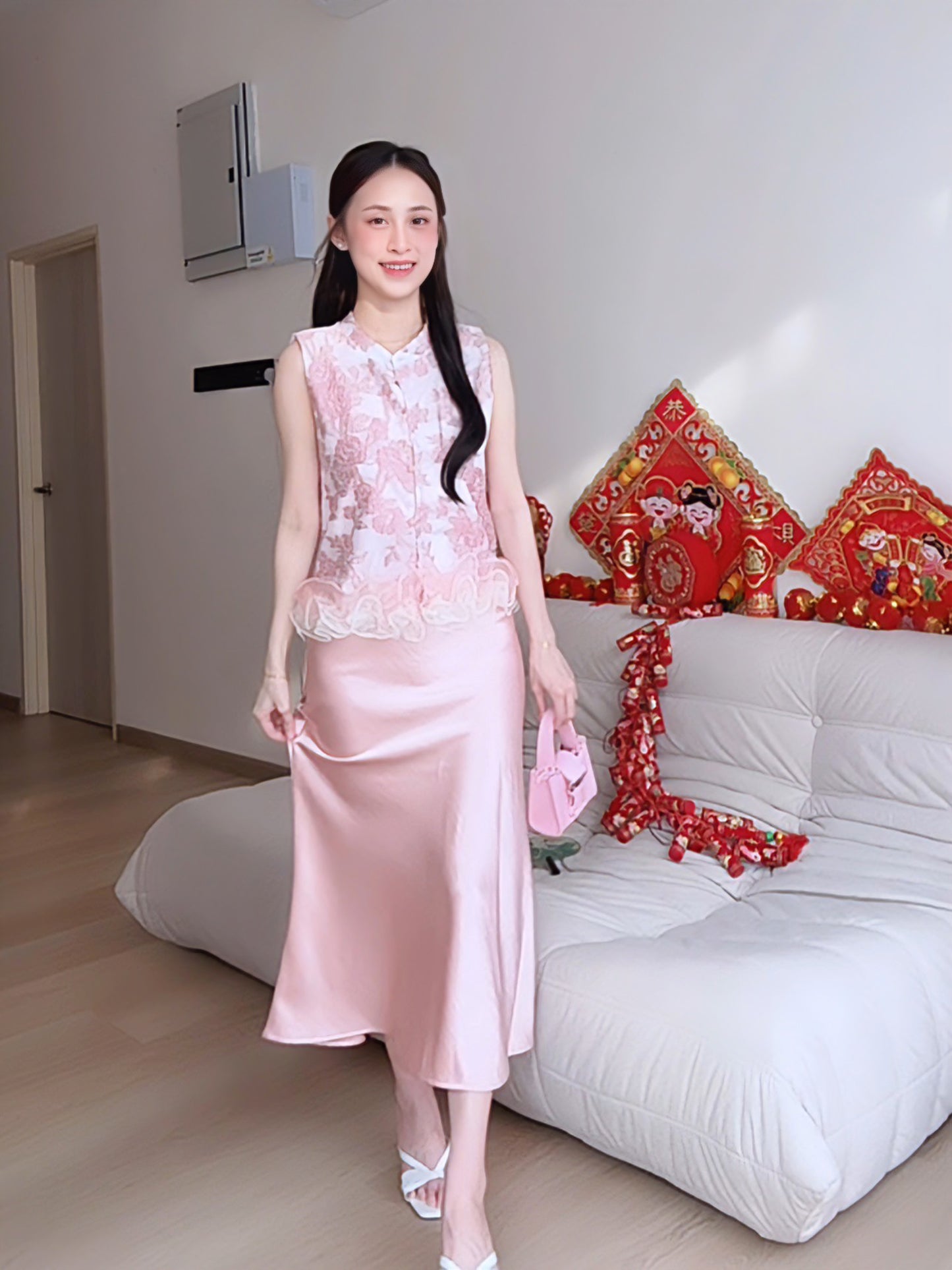 PINK SATIN MAXI SKIRT - PETITEGIRLS 小个子定制款