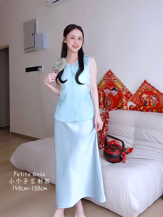 BLUE SATIN MAXI SKIRT - PETITEGIRLS 小个子定制款