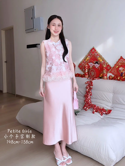 PINK SATIN MAXI SKIRT - PETITEGIRLS 小个子定制款