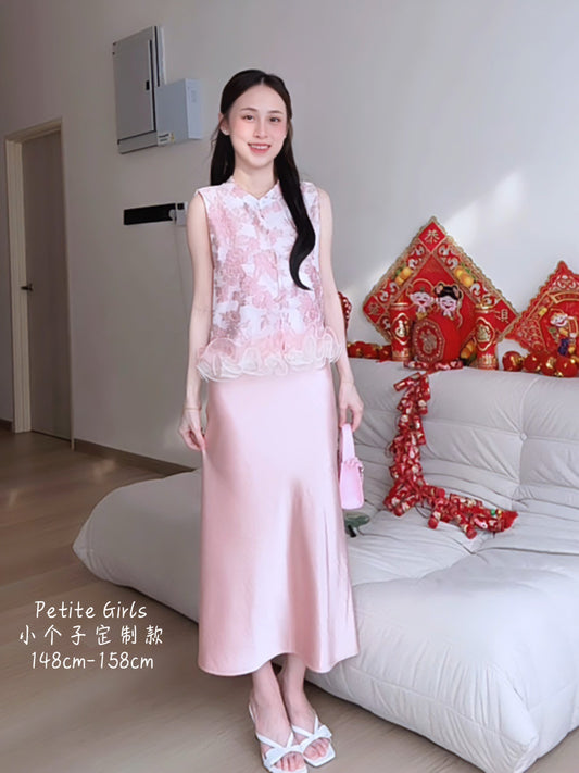 PINK SATIN MAXI SKIRT - PETITEGIRLS 小个子定制款