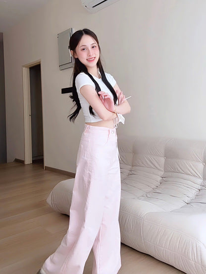 PINK WIDE-LEG JEANS WITH CONTOUR SEAMS - PETITEGIRLS 小个子定制款