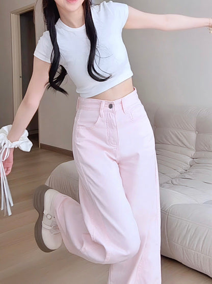 PINK WIDE-LEG JEANS WITH CONTOUR SEAMS - PETITEGIRLS 小个子定制款
