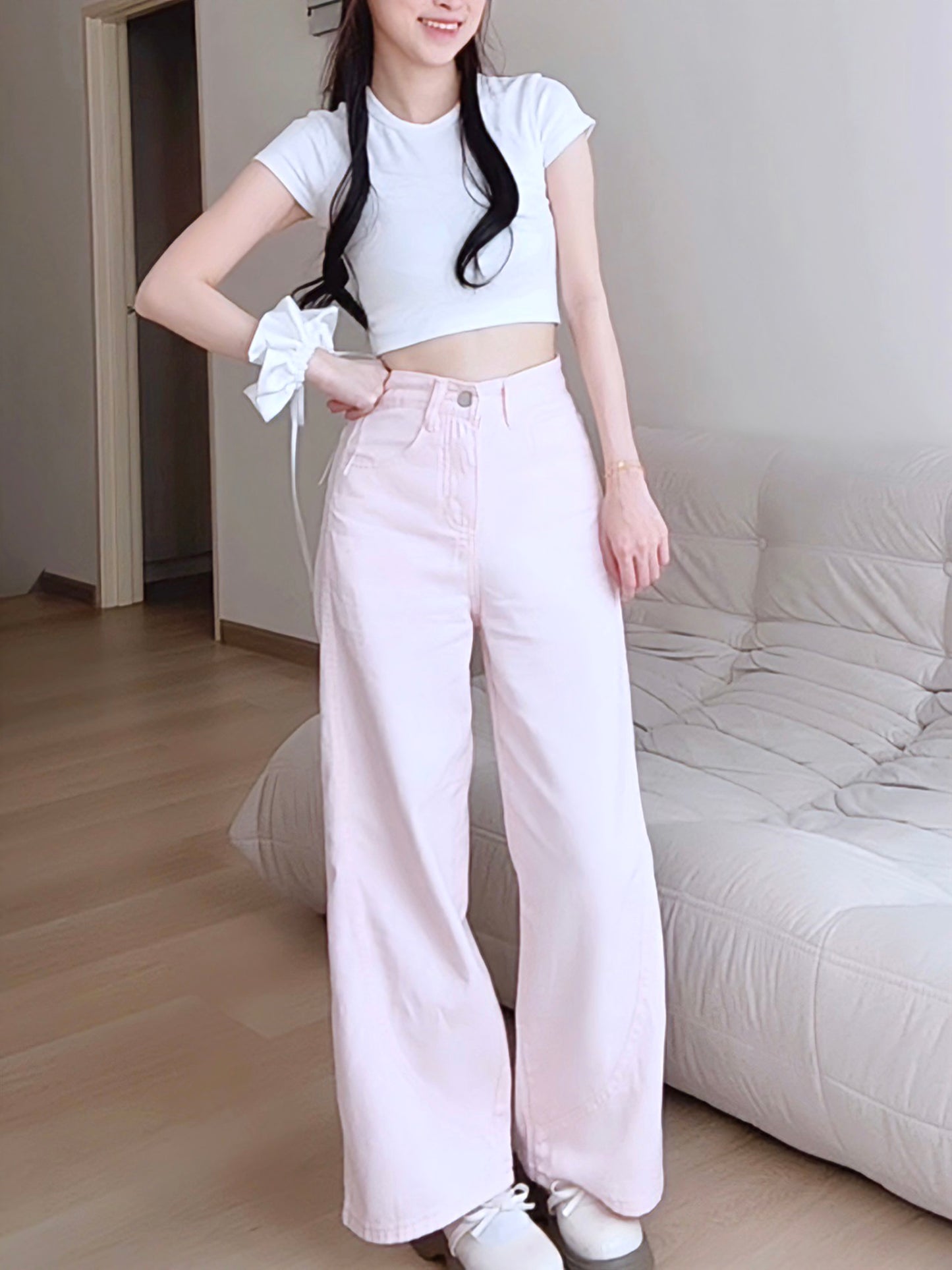 PINK WIDE-LEG JEANS WITH CONTOUR SEAMS - PETITEGIRLS 小个子定制款