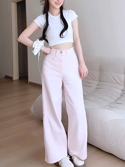 PINK WIDE-LEG JEANS WITH CONTOUR SEAMS - PETITEGIRLS 小个子定制款