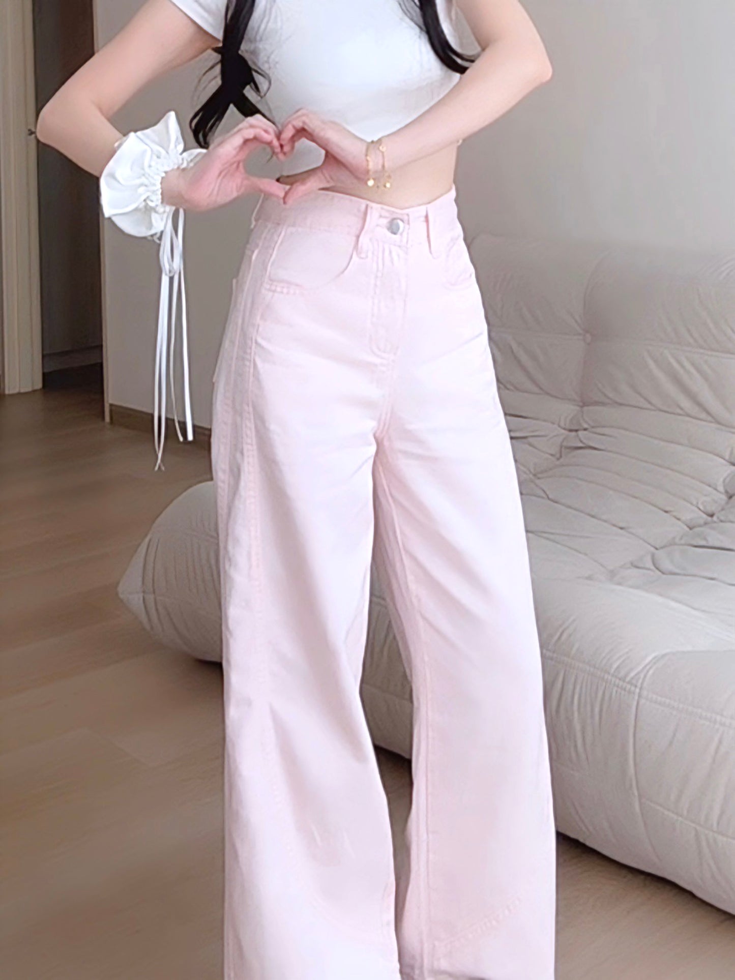 PINK WIDE-LEG JEANS WITH CONTOUR SEAMS - PETITEGIRLS 小个子定制款