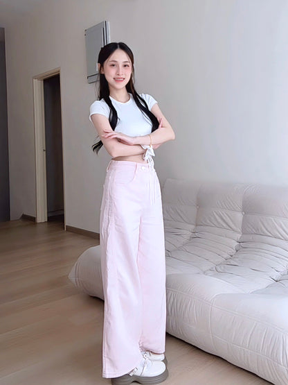 PINK WIDE-LEG JEANS WITH CONTOUR SEAMS - PETITEGIRLS 小个子定制款