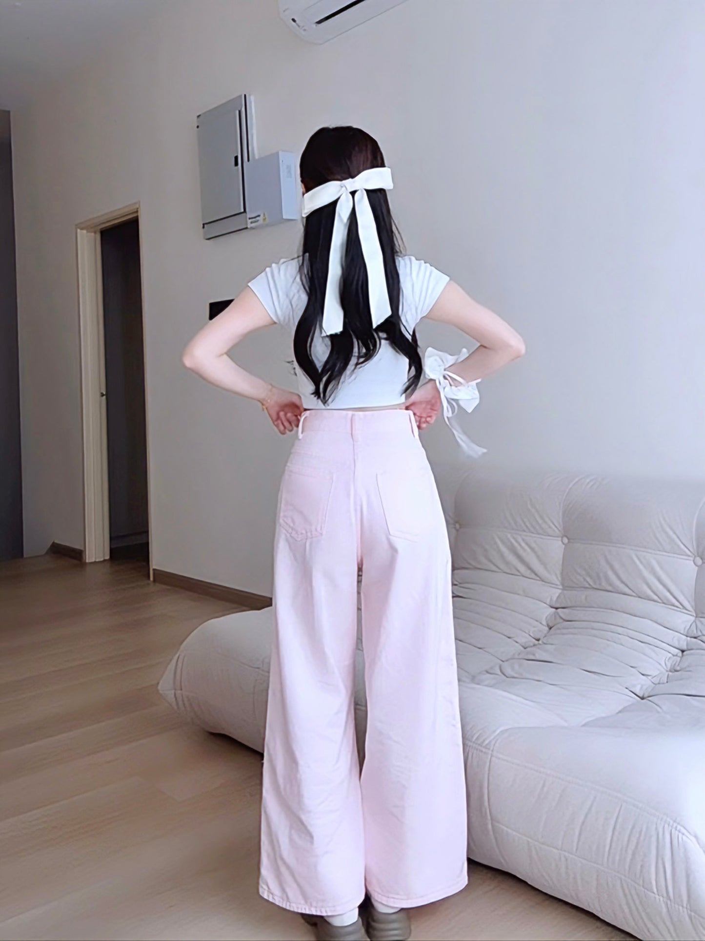 PINK WIDE-LEG JEANS WITH CONTOUR SEAMS - PETITEGIRLS 小个子定制款