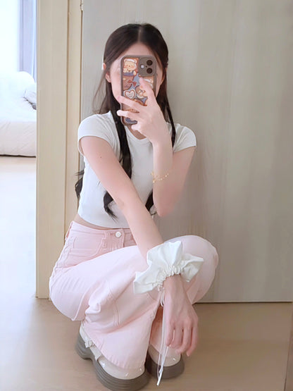 PINK WIDE-LEG JEANS WITH CONTOUR SEAMS - PETITEGIRLS 小个子定制款