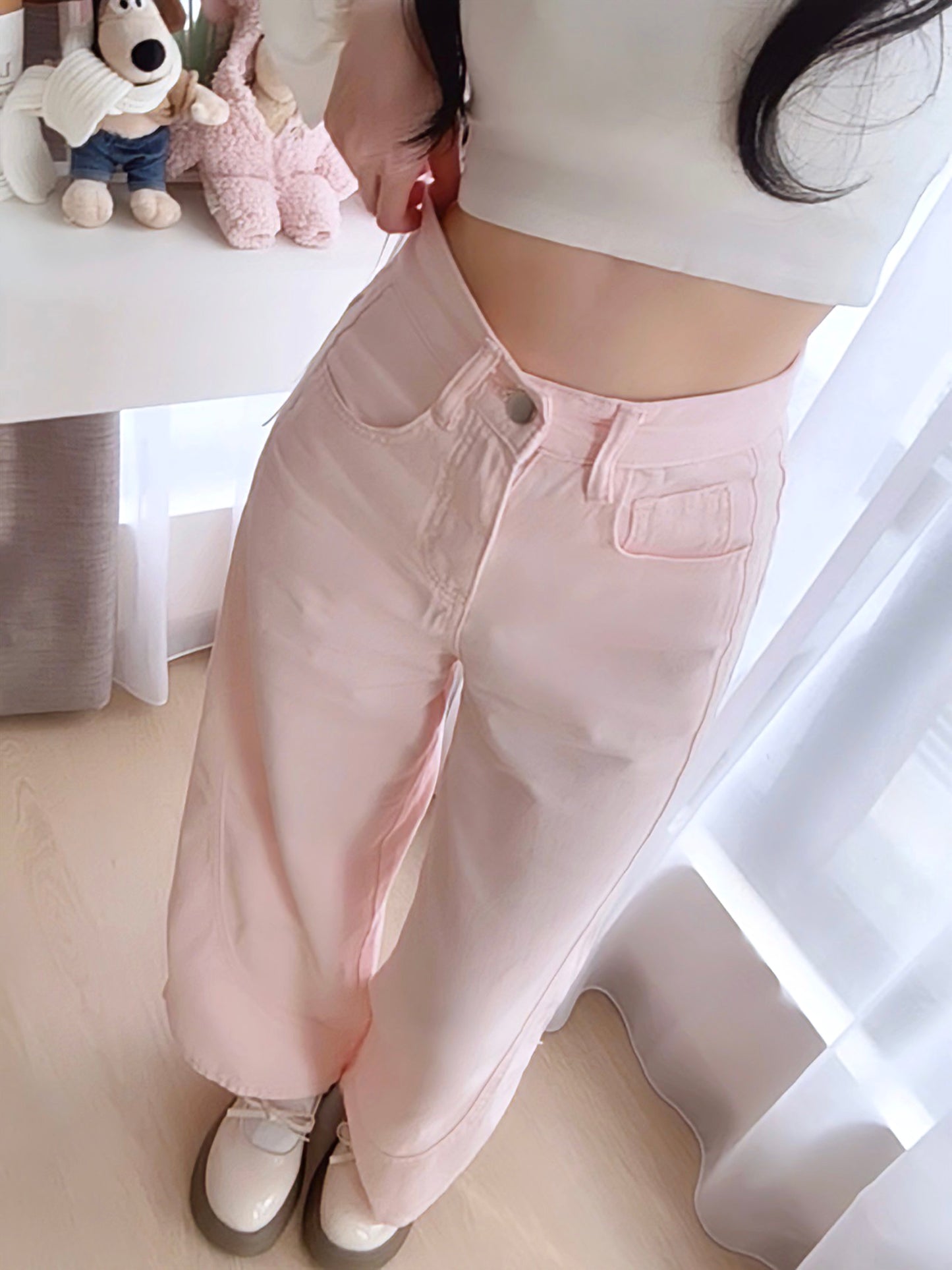PINK WIDE-LEG JEANS WITH CONTOUR SEAMS - PETITEGIRLS 小个子定制款