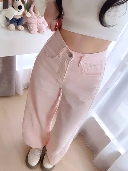 PINK WIDE-LEG JEANS WITH CONTOUR SEAMS - PETITEGIRLS 小个子定制款