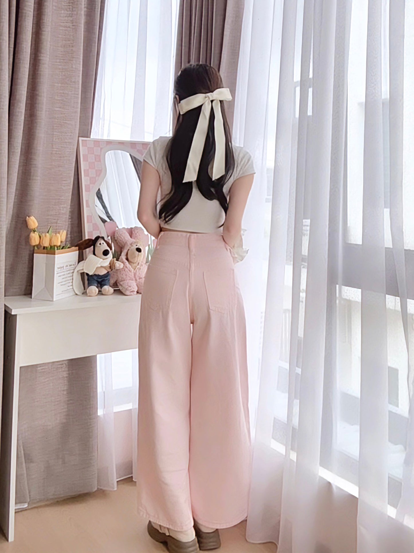 PINK WIDE-LEG JEANS WITH CONTOUR SEAMS - PETITEGIRLS 小个子定制款