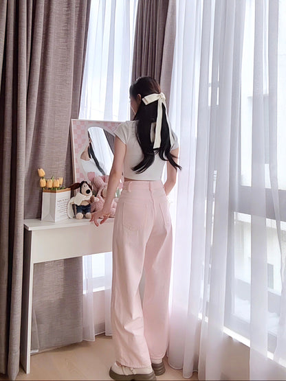 PINK WIDE-LEG JEANS WITH CONTOUR SEAMS - PETITEGIRLS 小个子定制款