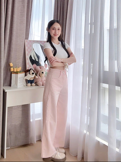 PINK WIDE-LEG JEANS WITH CONTOUR SEAMS - PETITEGIRLS 小个子定制款