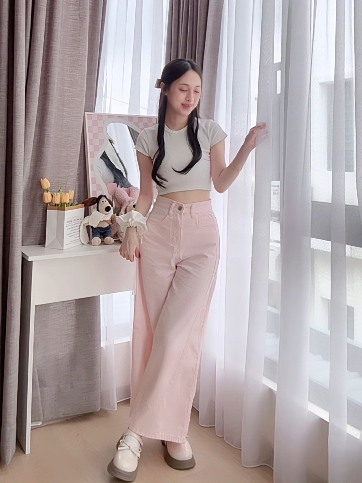 PINK WIDE-LEG JEANS WITH CONTOUR SEAMS - PETITEGIRLS 小个子定制款
