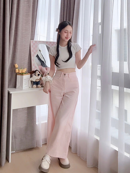 PINK WIDE-LEG JEANS WITH CONTOUR SEAMS - PETITEGIRLS 小个子定制款