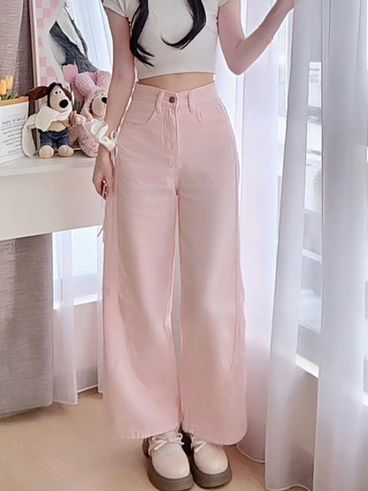 PINK WIDE-LEG JEANS WITH CONTOUR SEAMS - PETITEGIRLS 小个子定制款