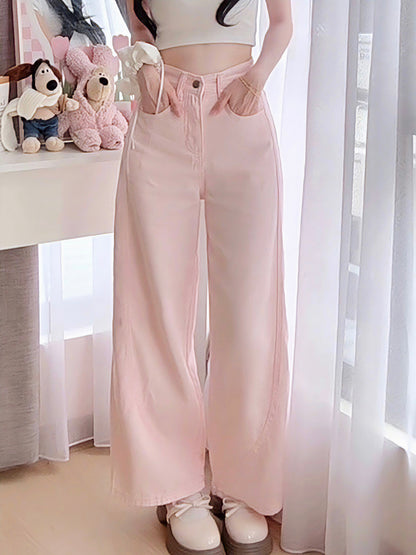 PINK WIDE-LEG JEANS WITH CONTOUR SEAMS - PETITEGIRLS 小个子定制款
