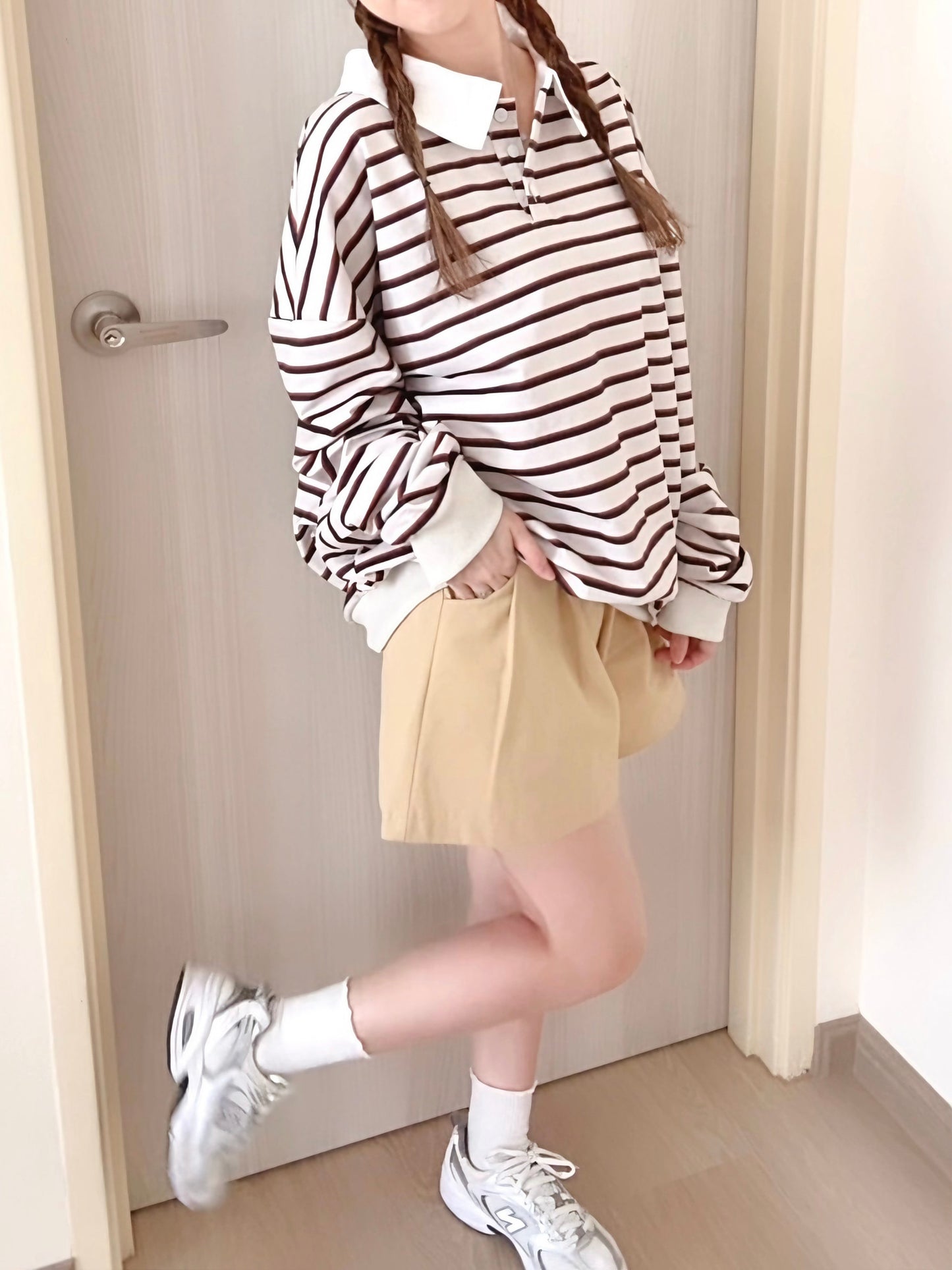 STRIPED POLO SWEATSHIRT-BROWN