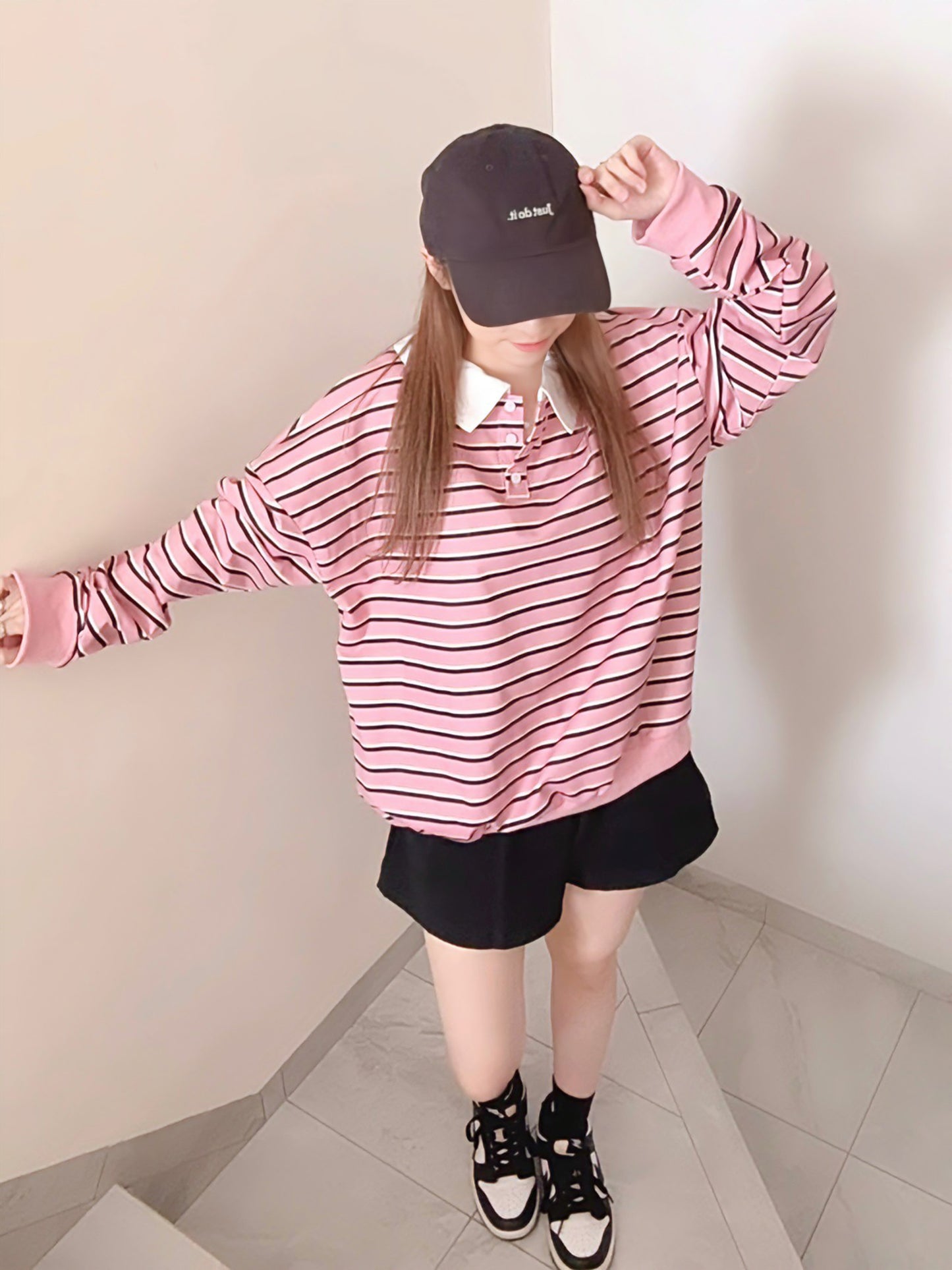 STRIPED POLO SWEATSHIRT- PINK