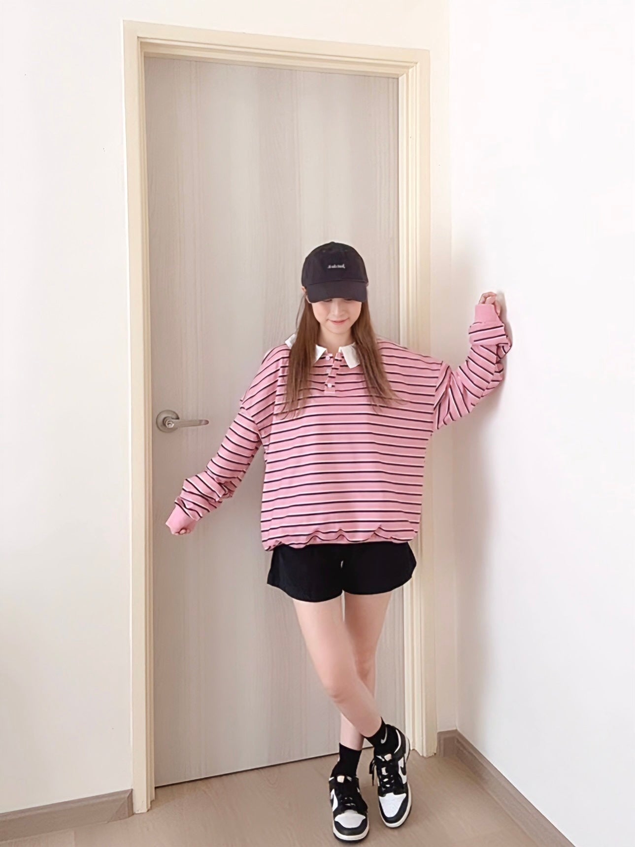 STRIPED POLO SWEATSHIRT- PINK