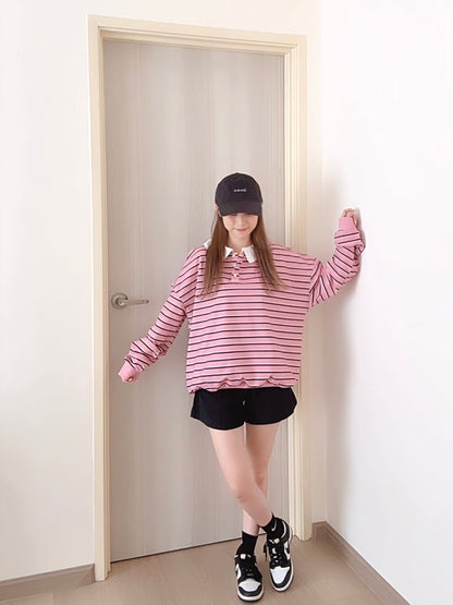 STRIPED POLO SWEATSHIRT- PINK